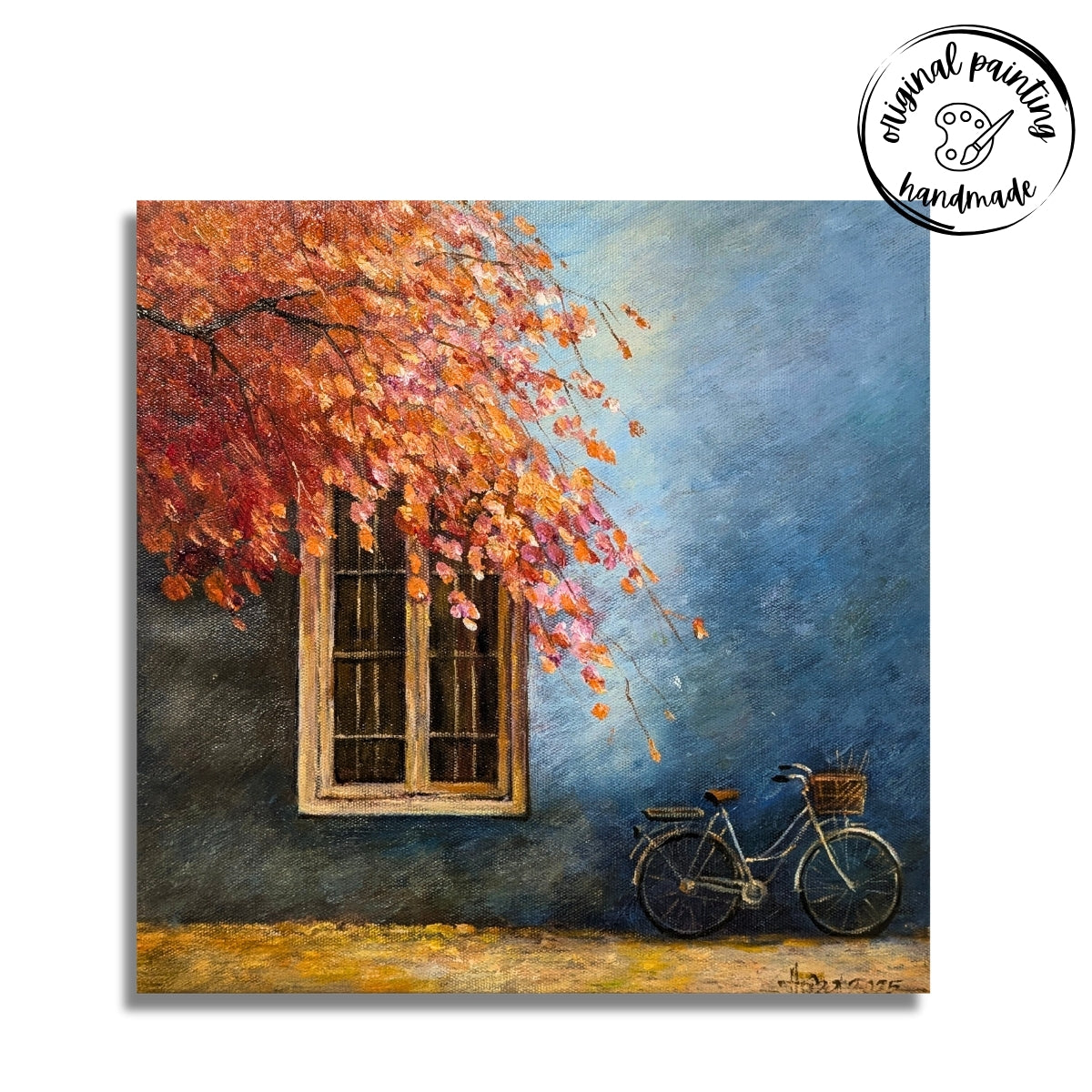 Bicycle Under Blossoms (Canvas Oil Painting - 30X30 cm)