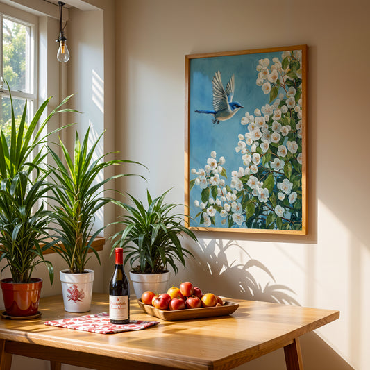 Blue bird, White Florals by Fleurs de la Terre