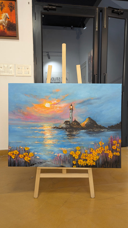 Lighthouse at Golden Hour (Canvas Oil Painting - 100X75 cm)
