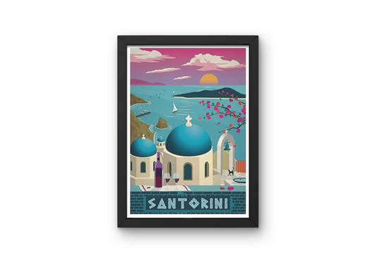Vintage Santorini Sunset Travel Art Painting
