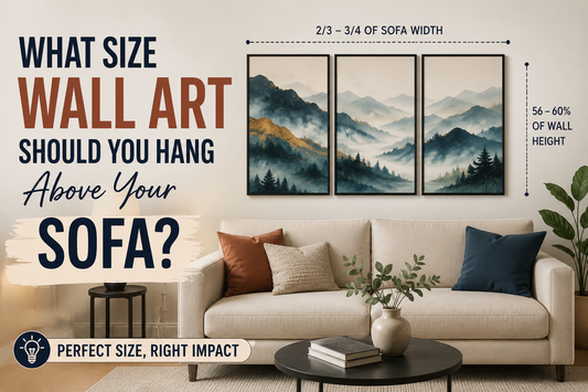 What size wall art should you hang above your sofa? Living room featuring a beige sofa with framed landscape wall art and a visual guide showing the ideal artwork size and placement for modern home decor.