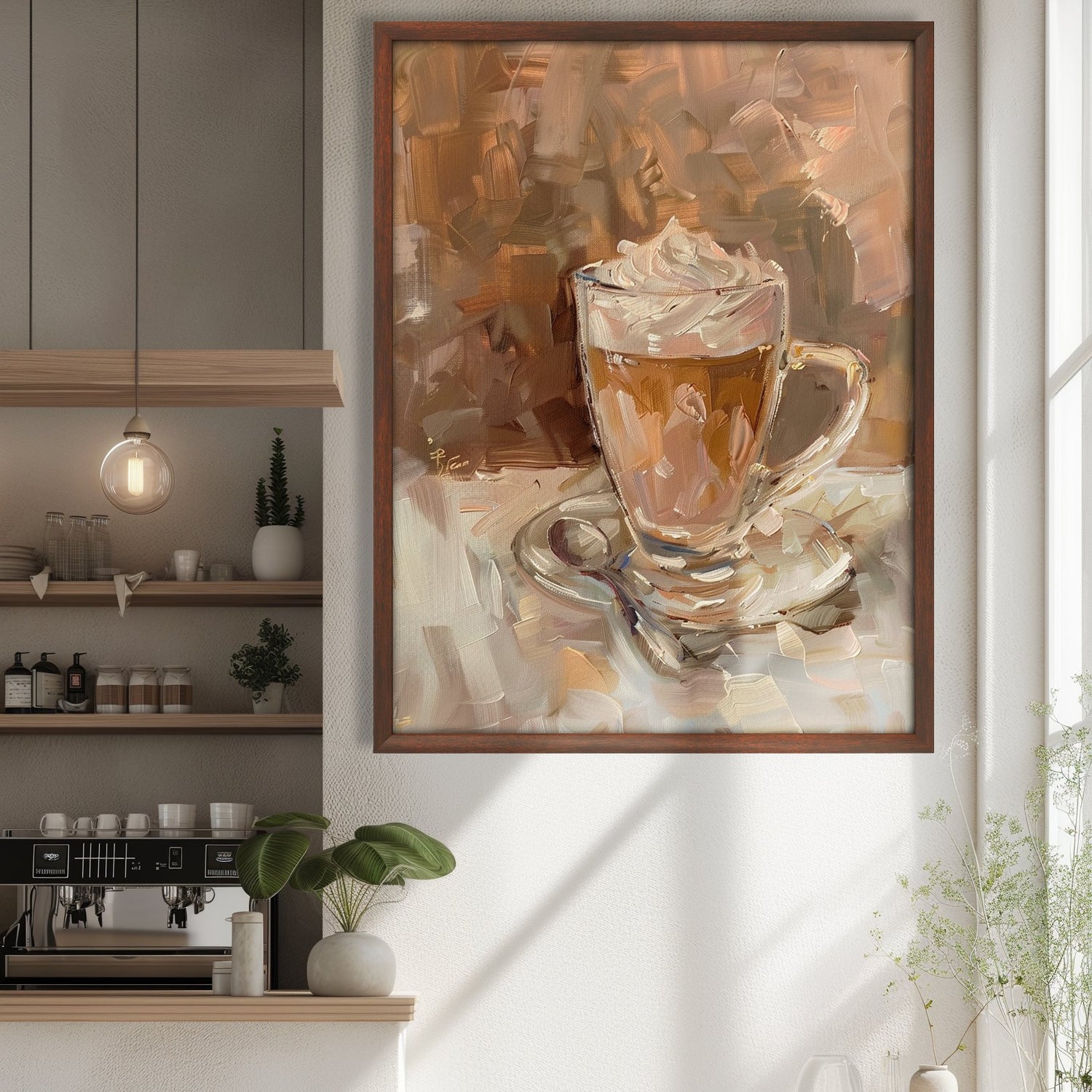 painting of a coffee mug in a modern cafe setting