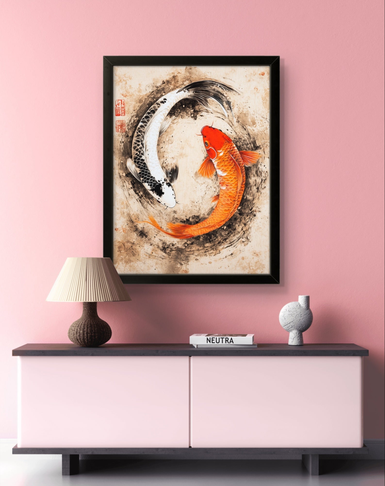 Koi fish couple | Framed Paper poster | Wall decor | Enso circle | Dot work | Pointillism | Ink hand drawing | store Japanese art | Feng shui