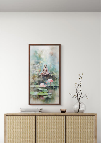 Lord Buddha near a Lotus Pond by TravelArty | Painting for Living Room