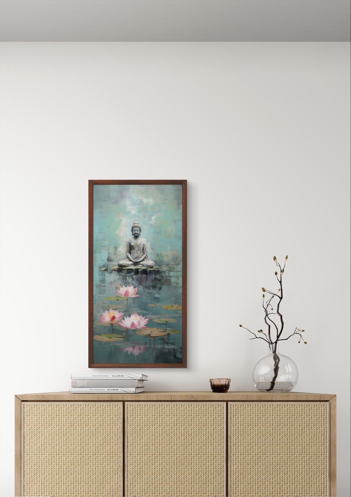 Lord Buddha & the Teal Lotus Pond by TravelArty | Painting for Living Room