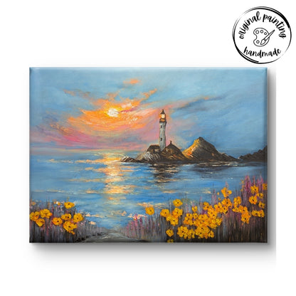 Lighthouse at Golden Hour (Canvas Oil Painting - 100X75 cm)