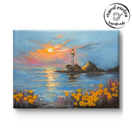 Lighthouse at Golden Hour (Canvas Oil Painting - 100X75 cm)