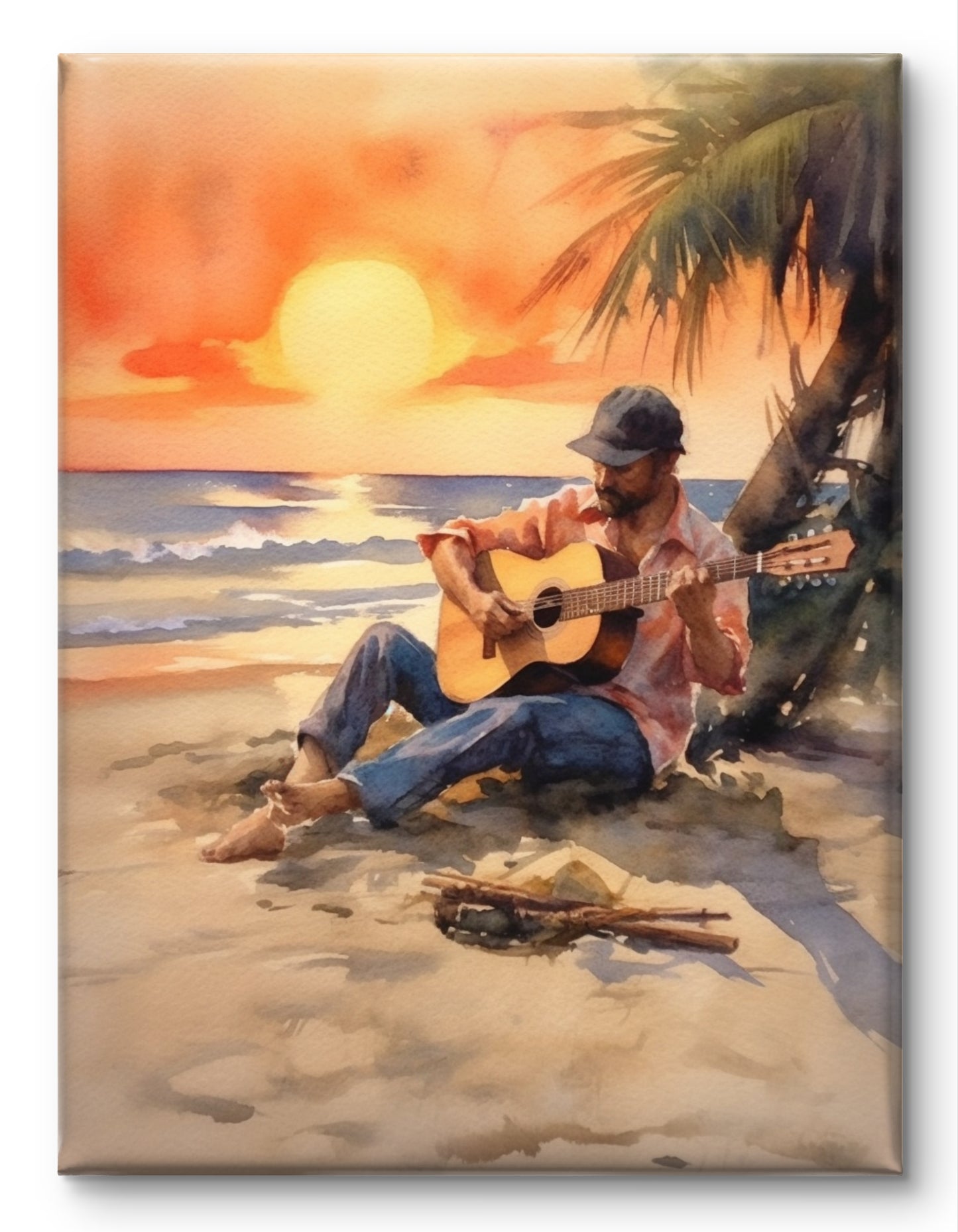 Beachside Guitar Serenade Canvas Painting