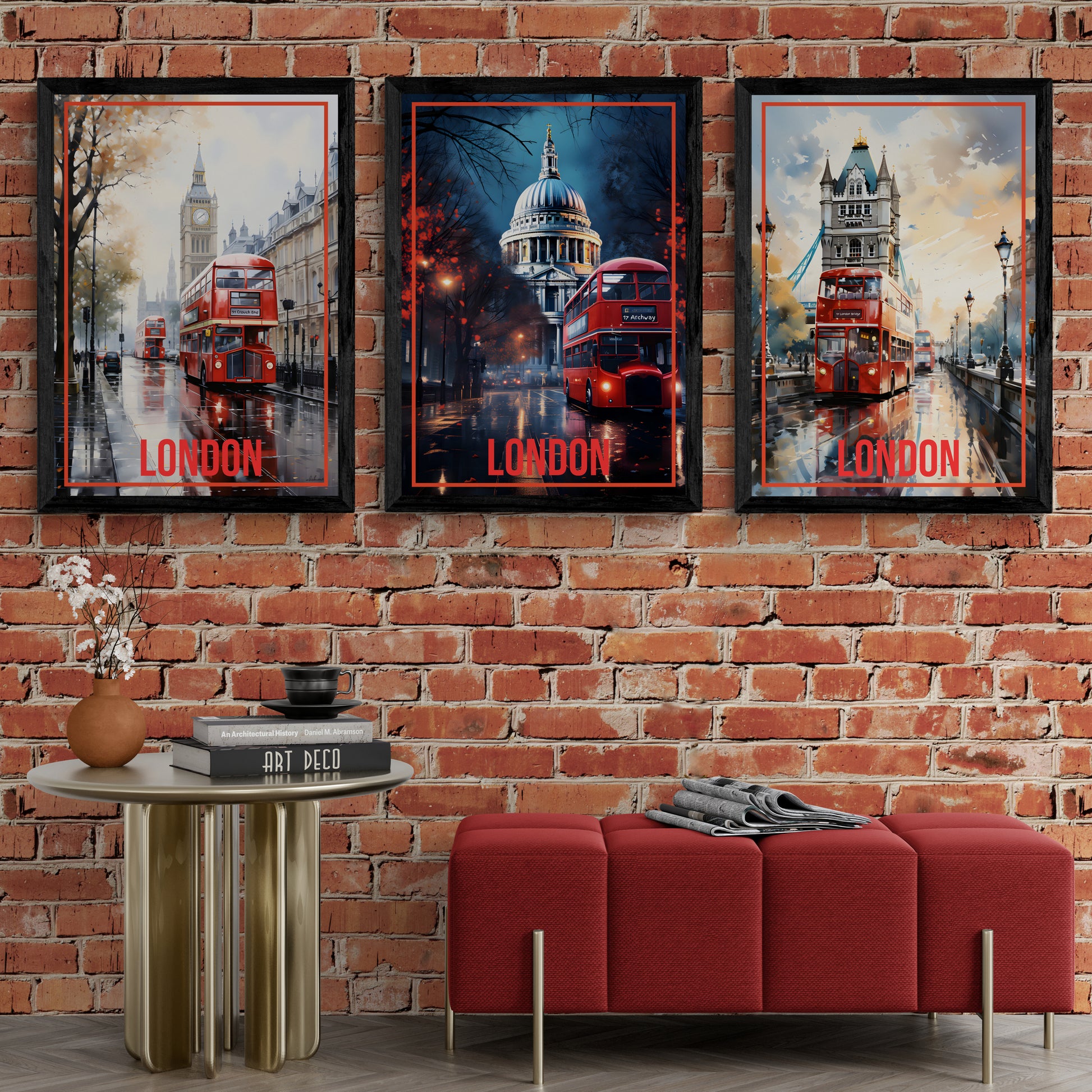 Red Bus of London Living Room Wall Painting ( 14X18 inches each)