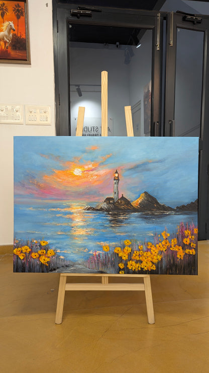 Lighthouse at Golden Hour (Canvas Oil Painting - 100X75 cm)