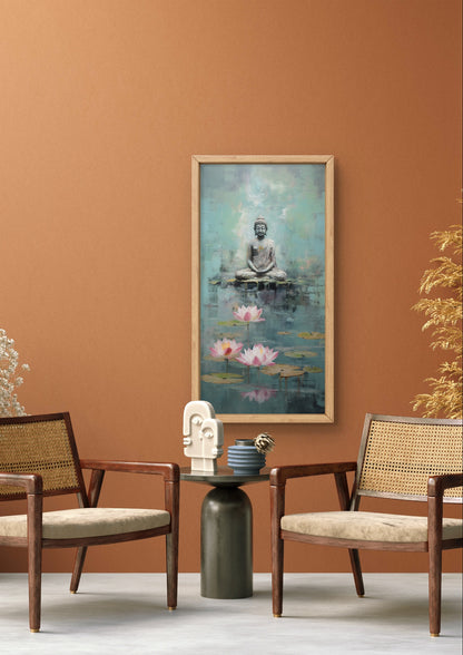 Lord Buddha & the Teal Lotus Pond by TravelArty | Painting for Living Room