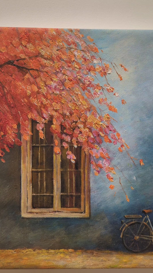 Bicycle Under Blossoms (Canvas Oil Painting - 30X30 cm)