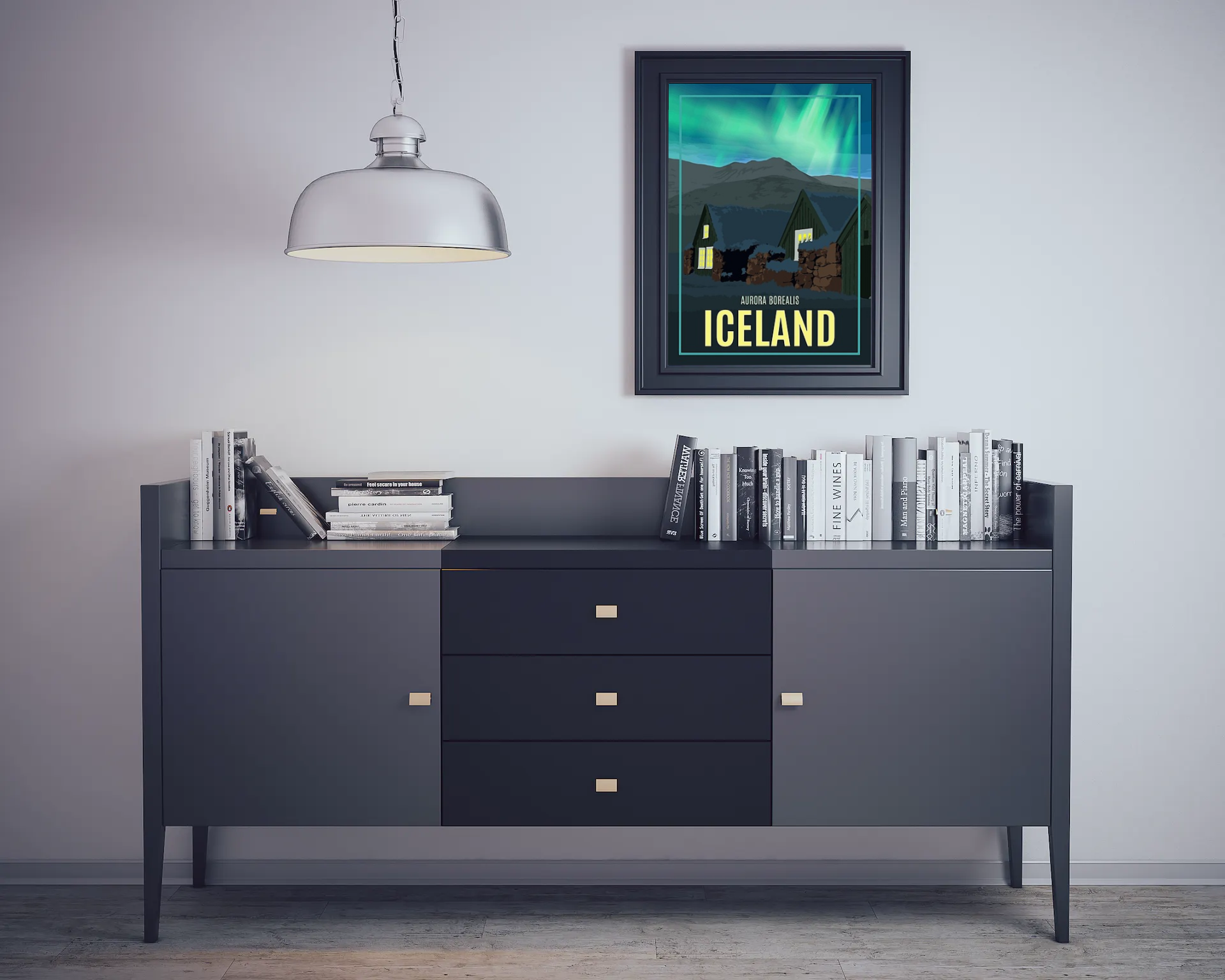 Vintage Iceland Northern Lights Travel Art Painting