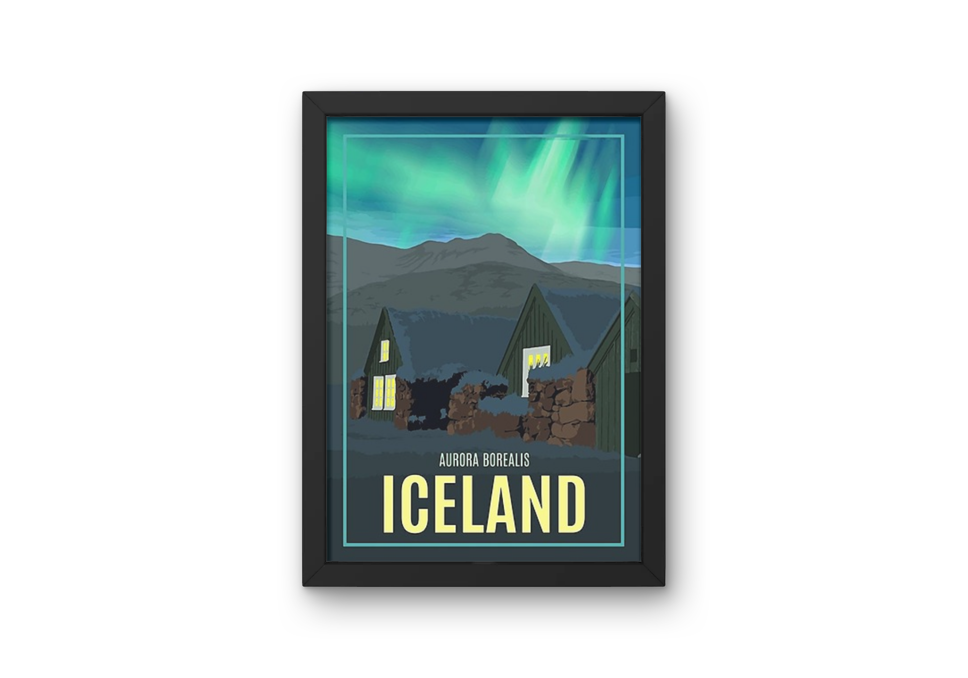 Vintage Iceland Northern Lights Travel Art Painting