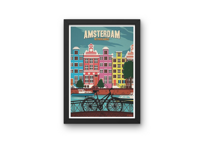 Vintage Amsterdam Cycling Travel Art Painting