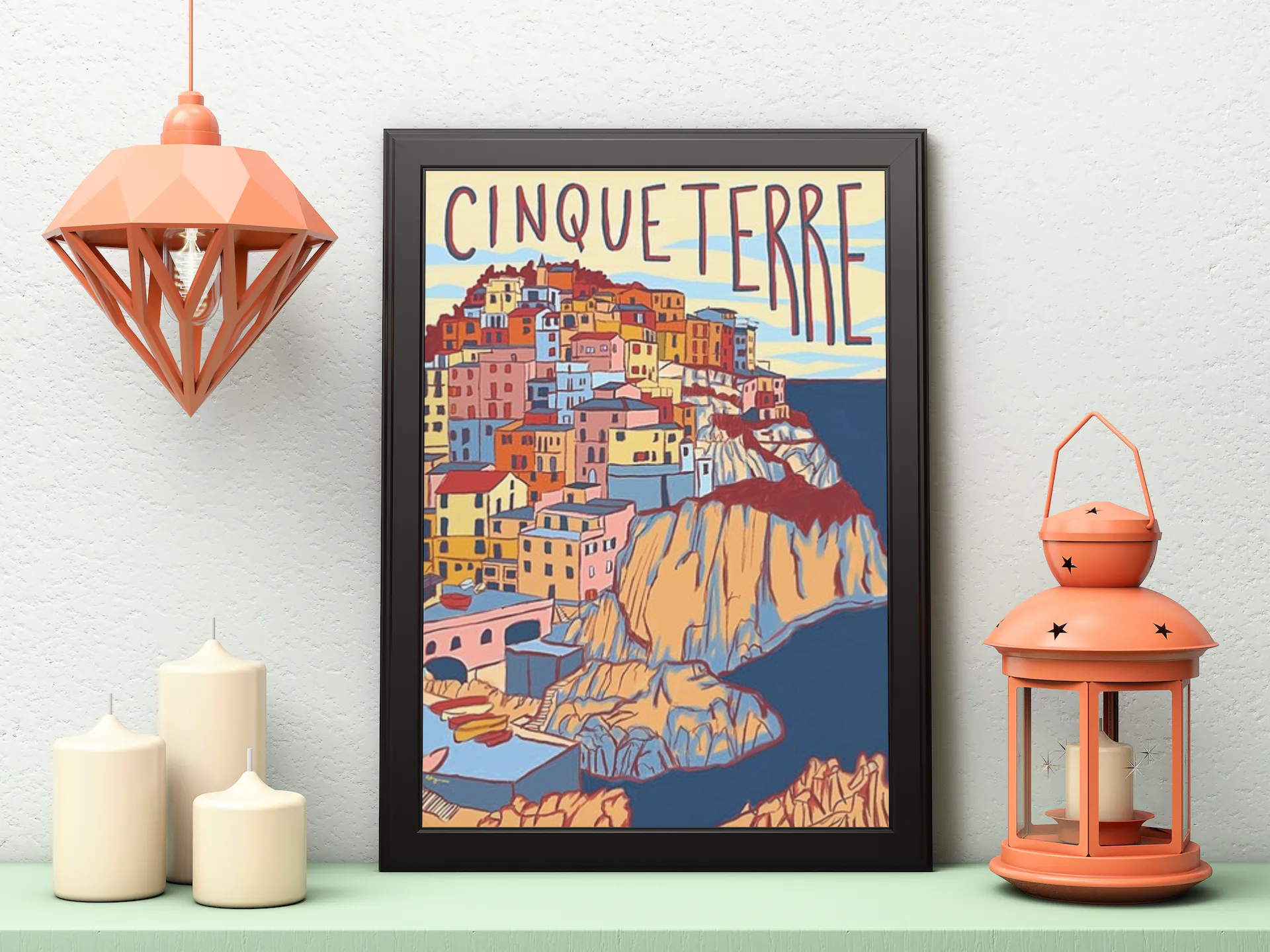 Vintage Cinque Terre City Travel Art Painting