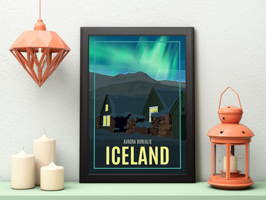 Vintage Iceland Northern Lights Travel Art Painting