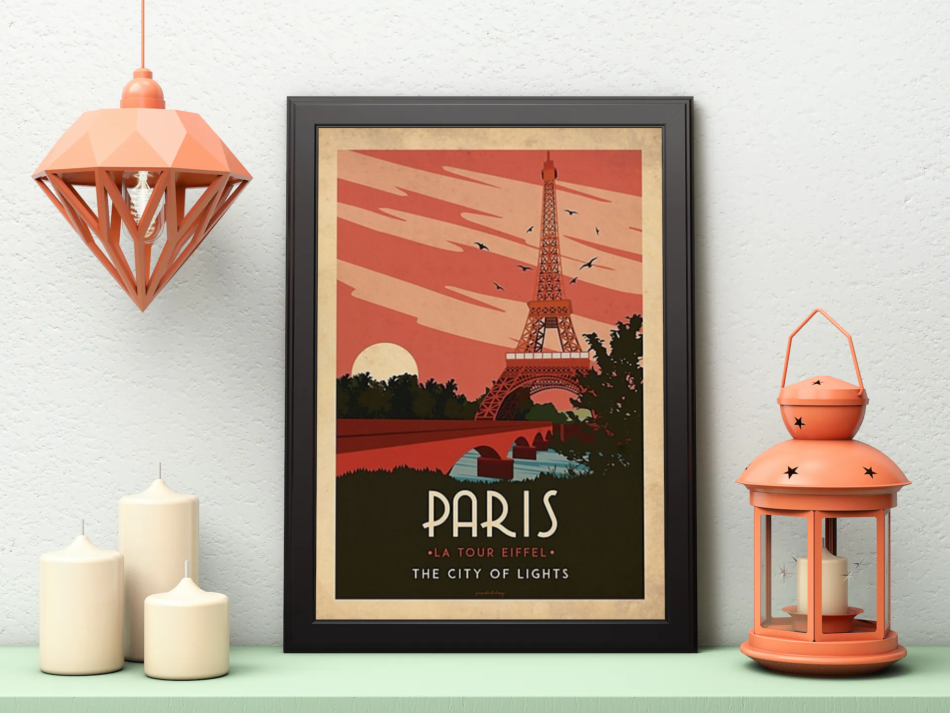 Vintage Paris Sunset Travel Art Painting