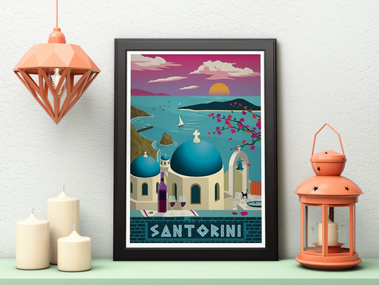 Vintage Santorini Sunset Travel Art Painting