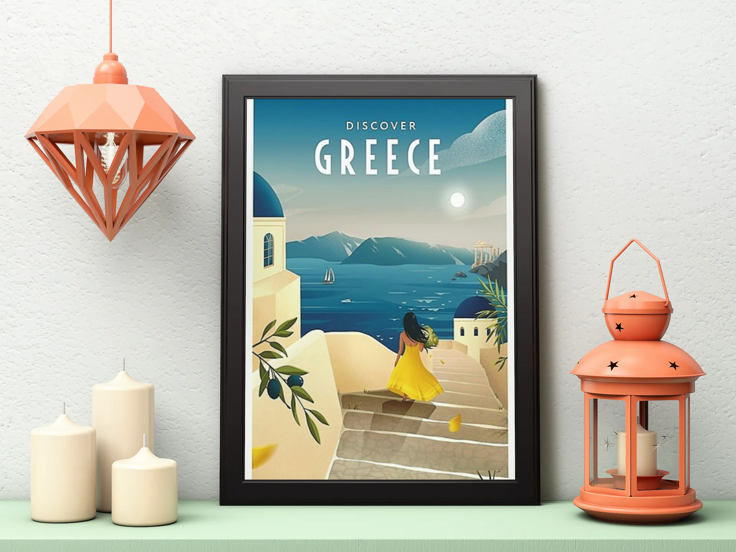 Vintage Oia Greece Travel Art Painting