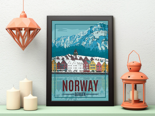 Vintage Norway Bergen Travel Art Painting