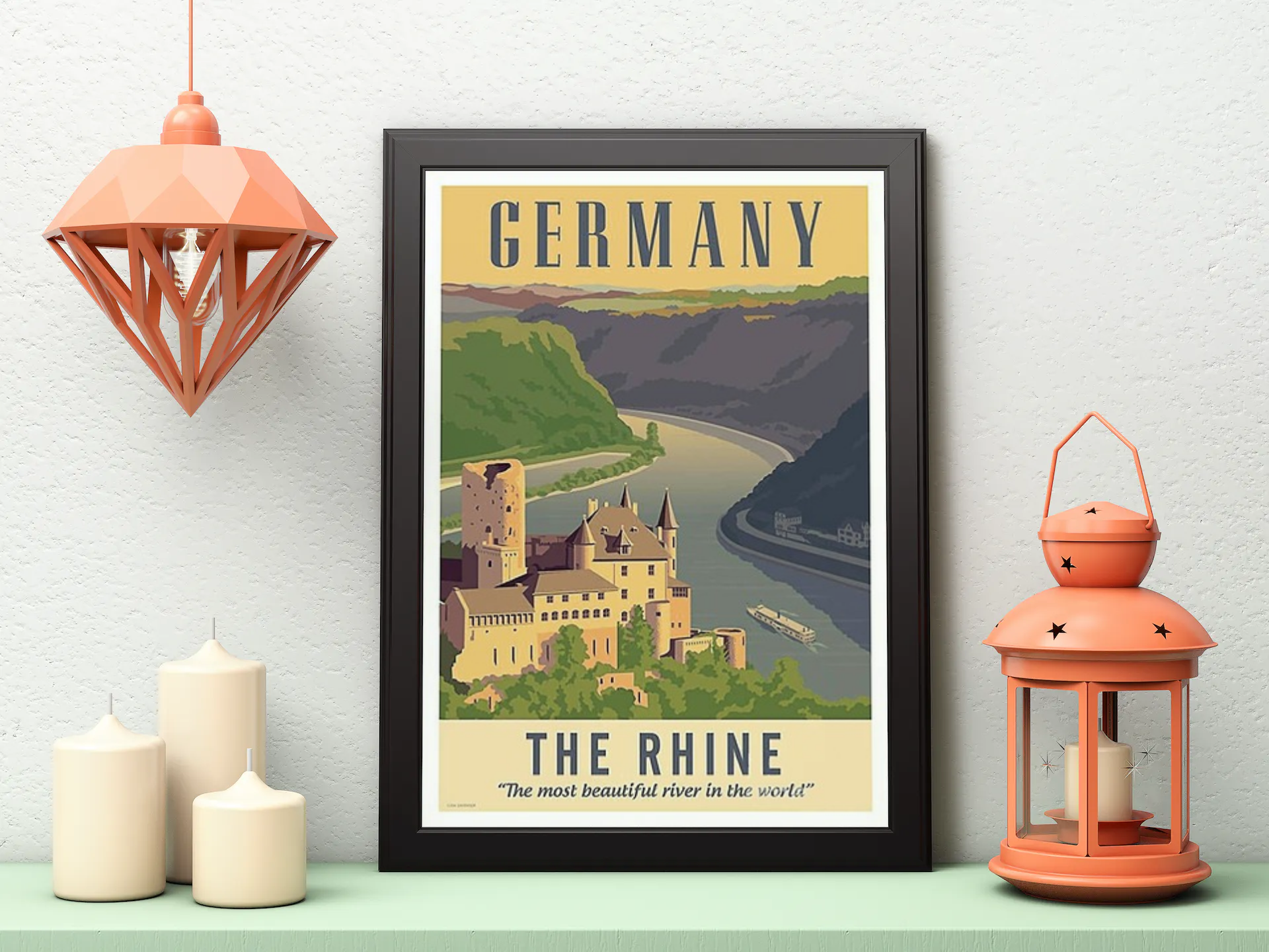 Vintage Germany Rhine River Travel Art Painting