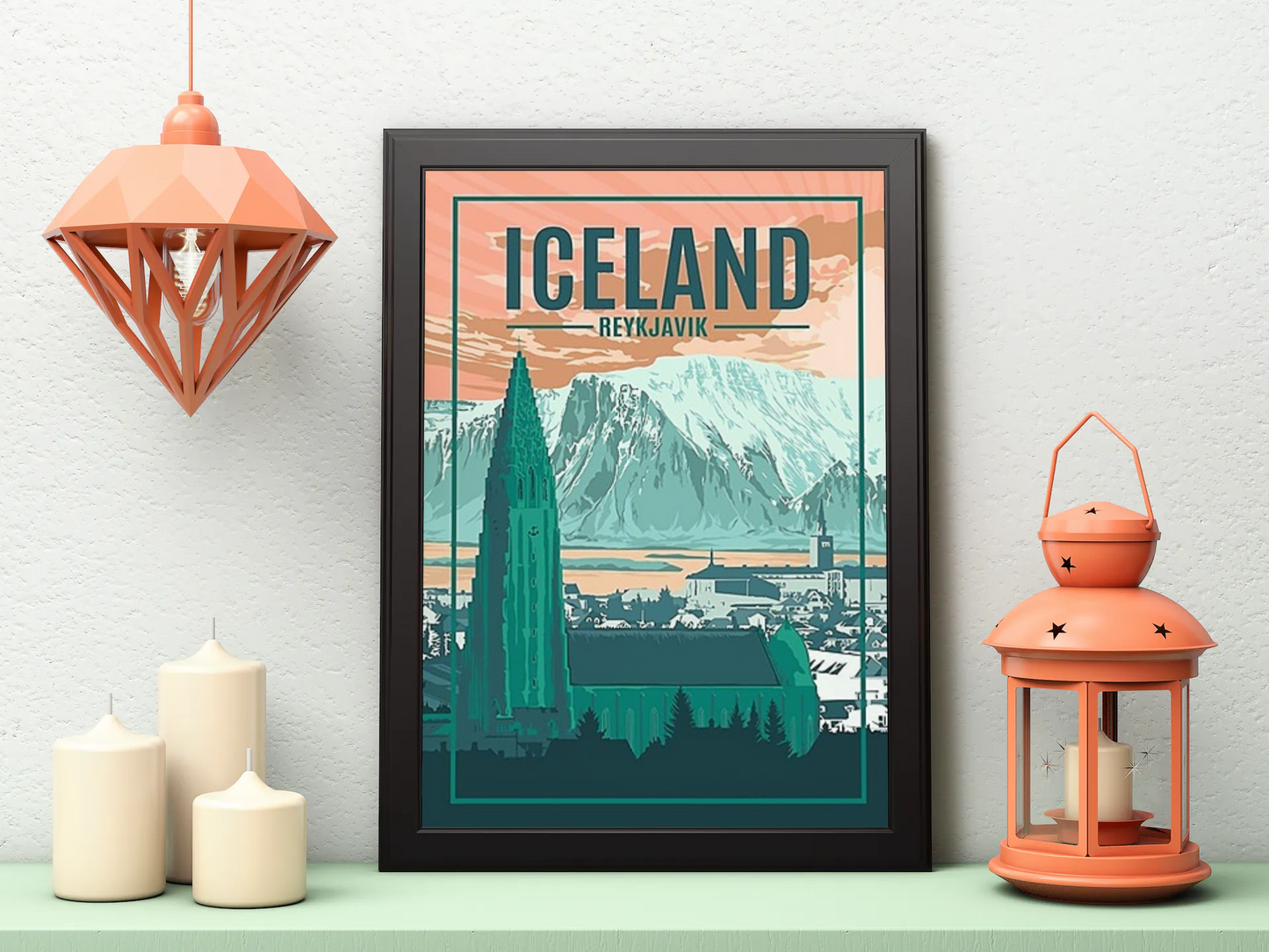 Vintage Iceland Reykjavik Travel Art Painting