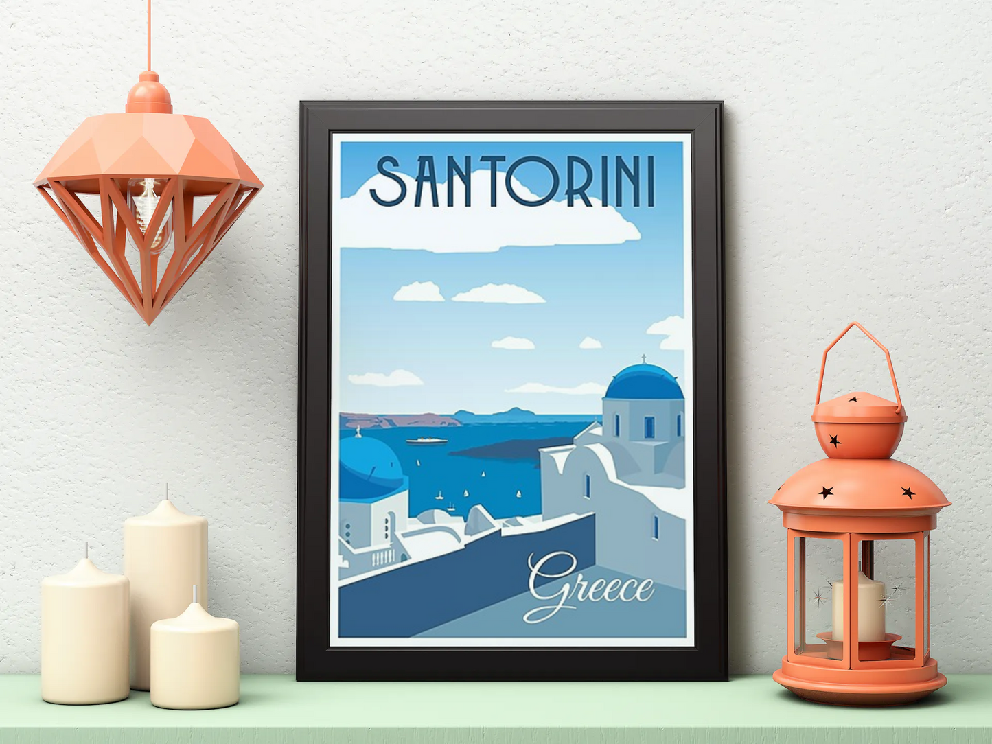 Vintage Santorini Greece Travel Art Painting
