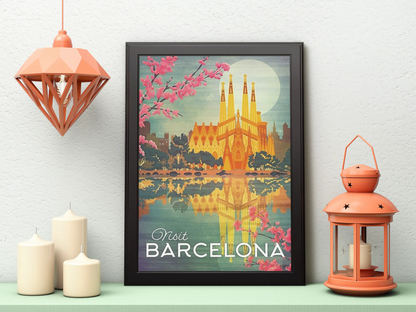 Vintage Barcelona Sagrada Familia Travel Art Painting