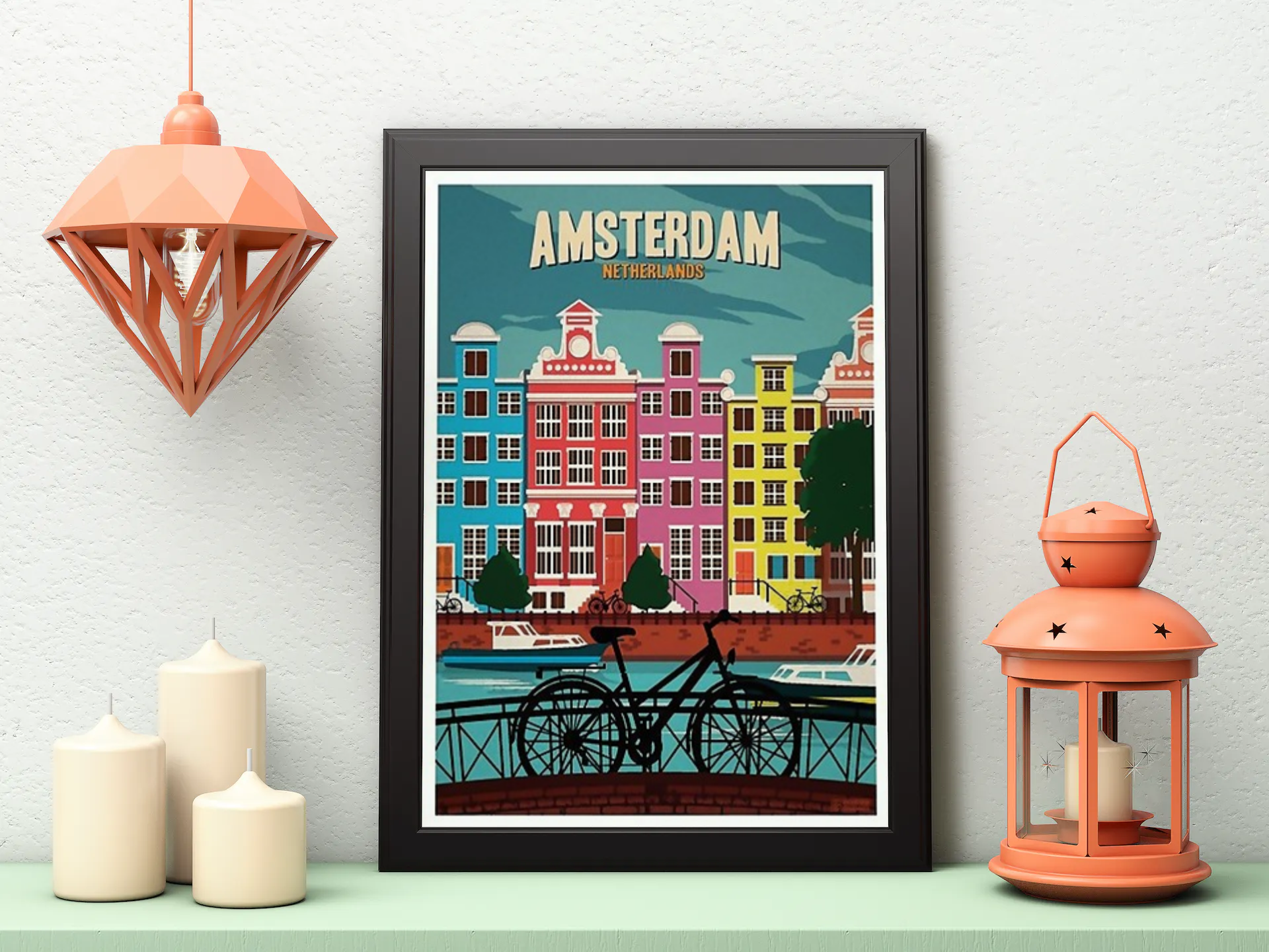 Vintage Amsterdam Cycling Travel Art Painting