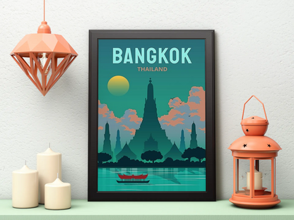 Vintage Bangkok River Chao Phraya Travel Art Painting