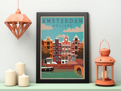 Vintage Amsterdam Canals Travel Art Painting