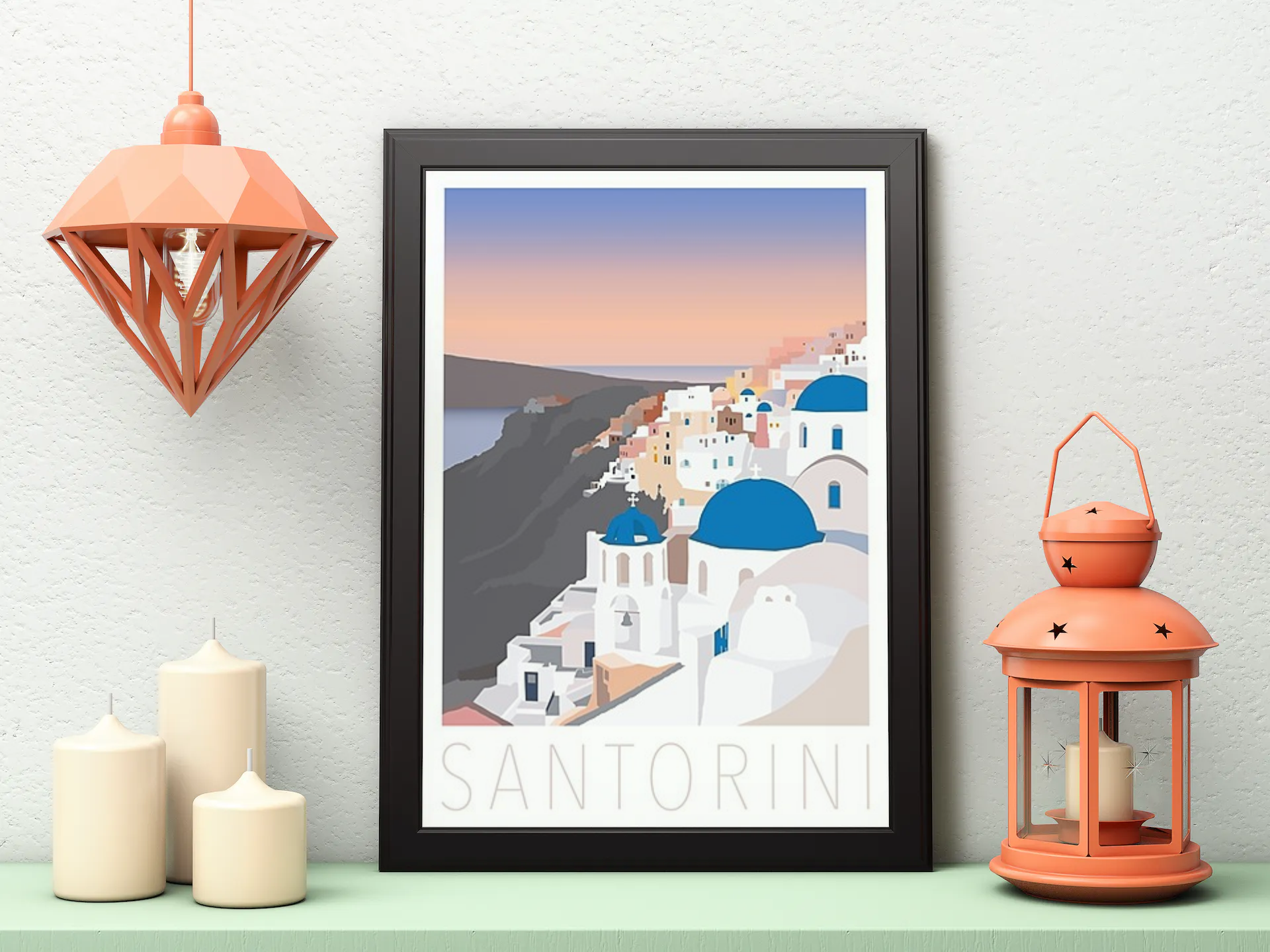 Vintage Santorini City Travel Art Painting