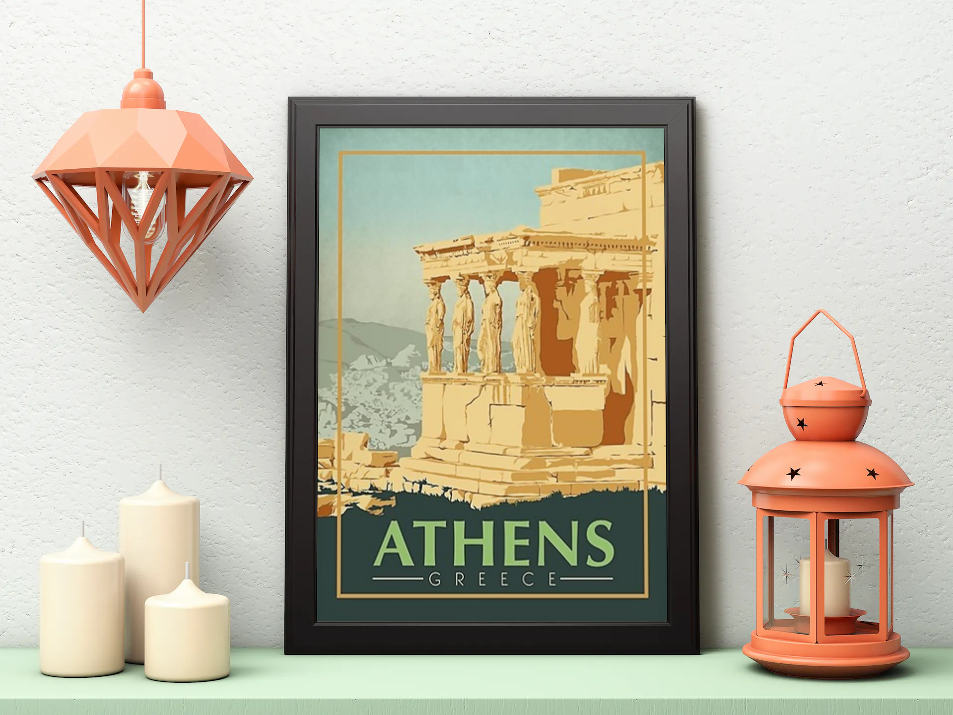 Vintage Athens Greece Travel Art Painting