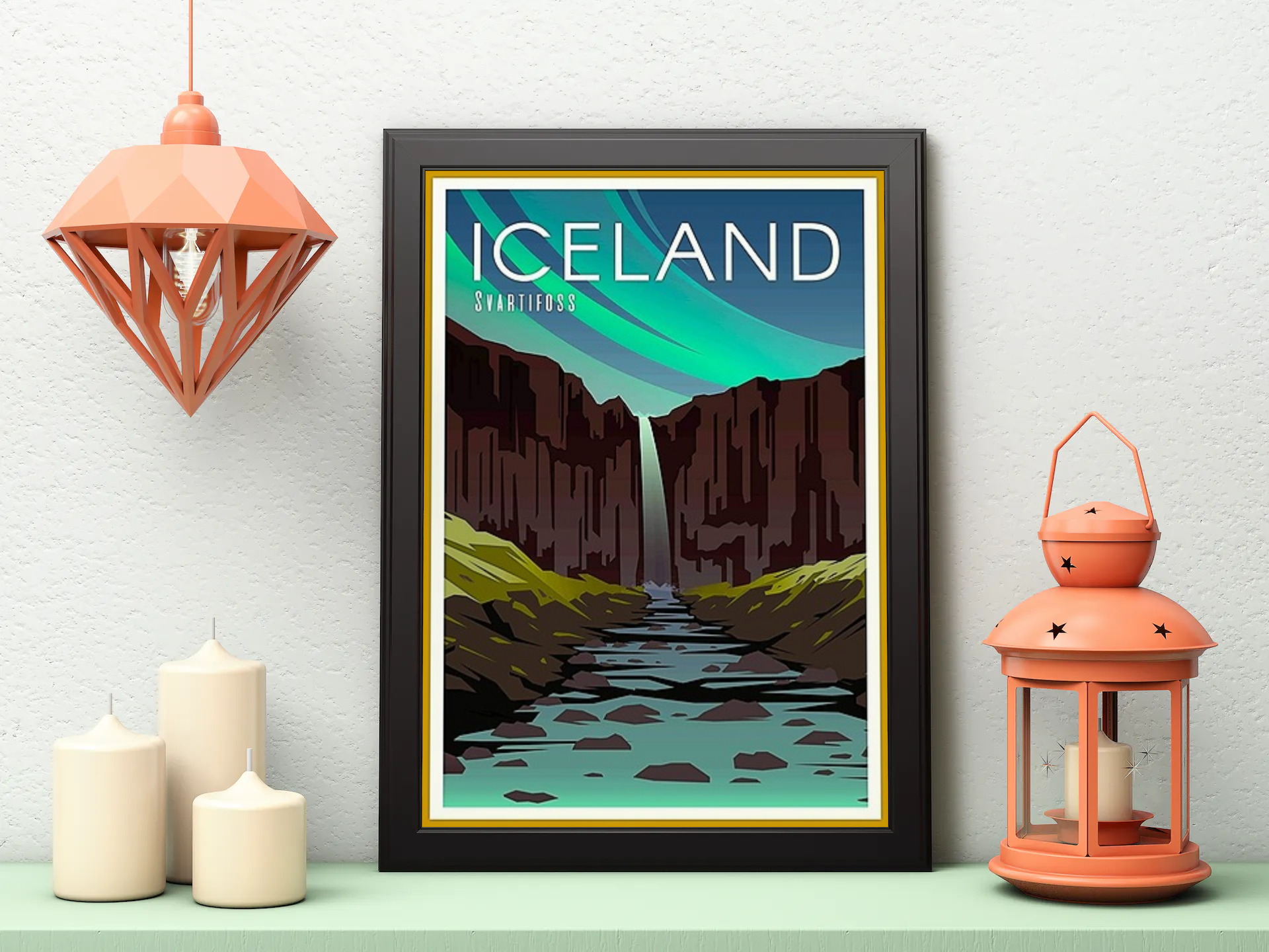 Vintage Iceland Waterfall Travel Art Painting