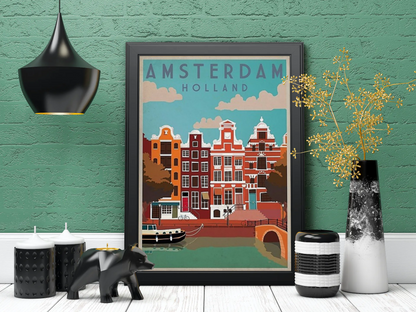 Vintage Amsterdam Canals Travel Art Painting
