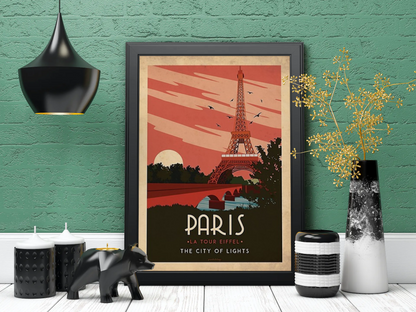 Vintage Paris Sunset Travel Art Painting