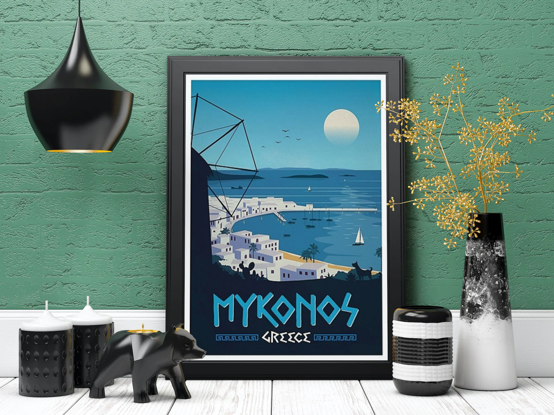 Vintage Mykonos Greece Travel Art Painting