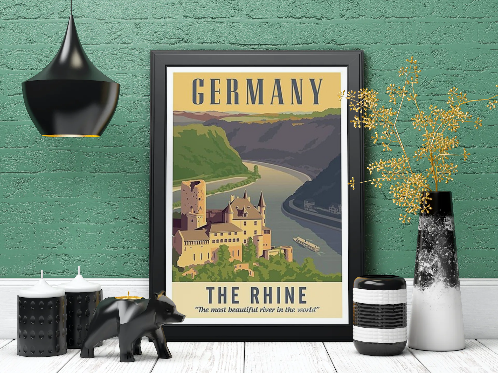 Vintage Germany Rhine River Travel Art Painting