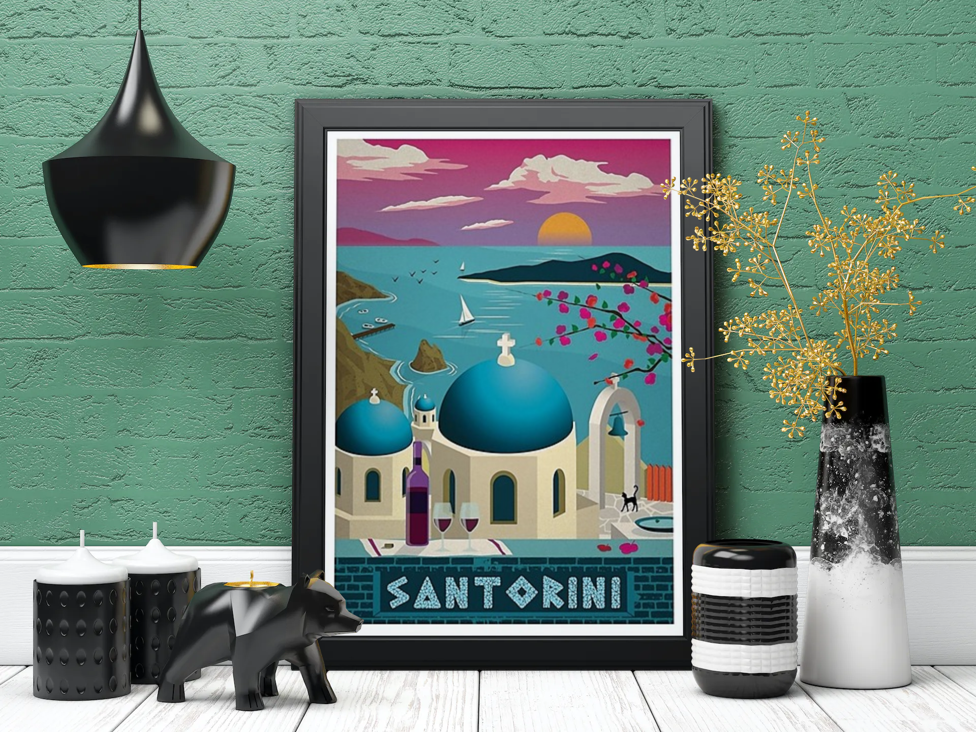 Vintage Santorini Sunset Travel Art Painting