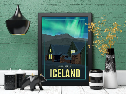 Vintage Iceland Northern Lights Travel Art Painting