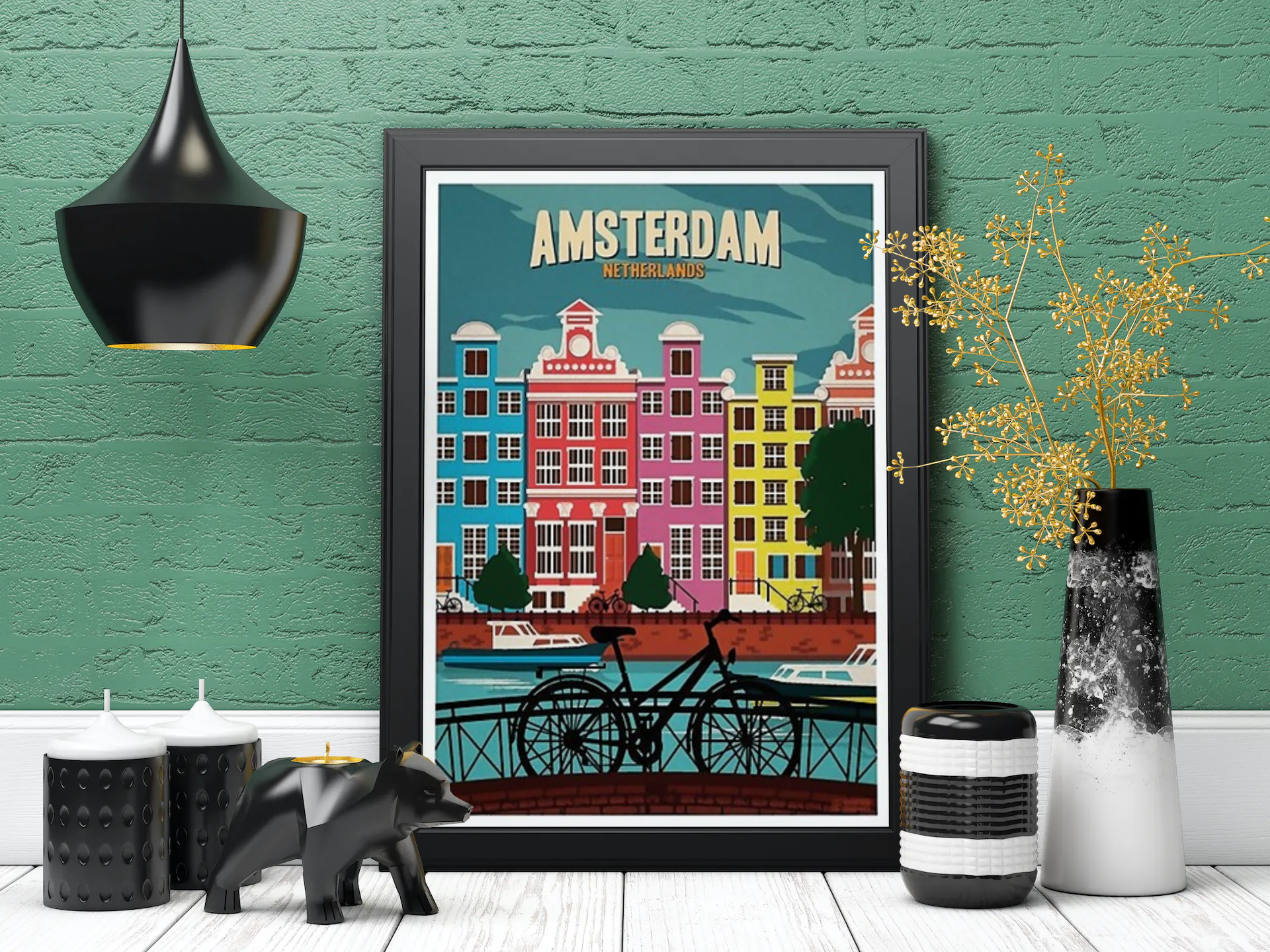 Vintage Amsterdam Cycling Travel Art Painting