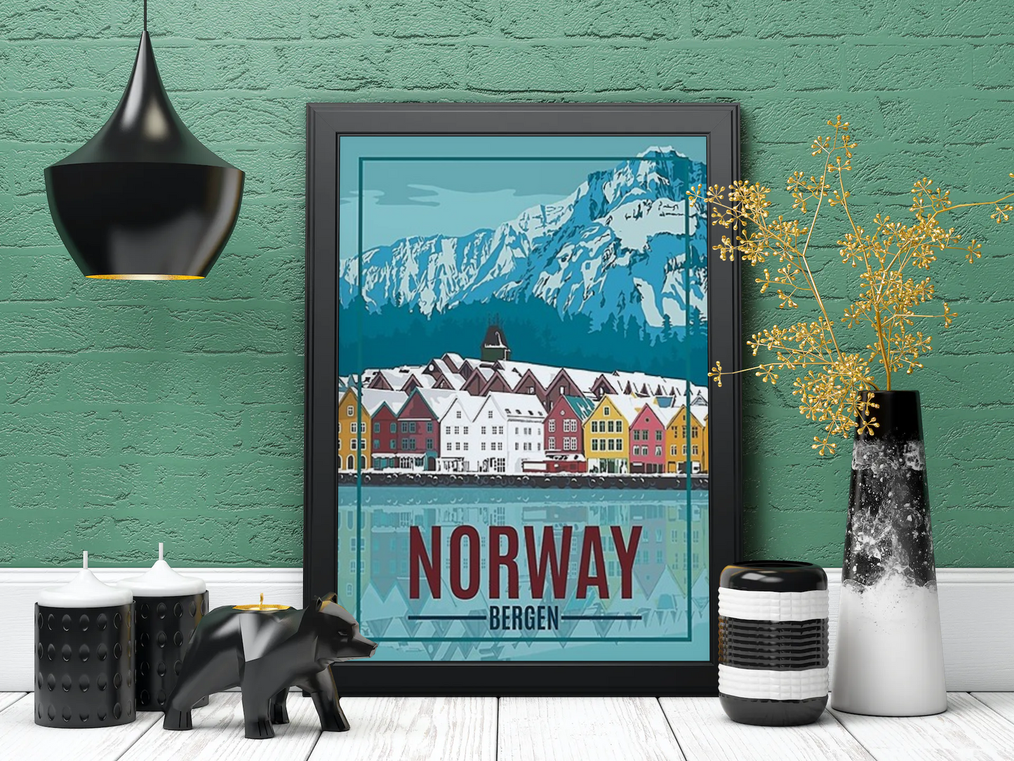 Vintage Norway Bergen Travel Art Painting