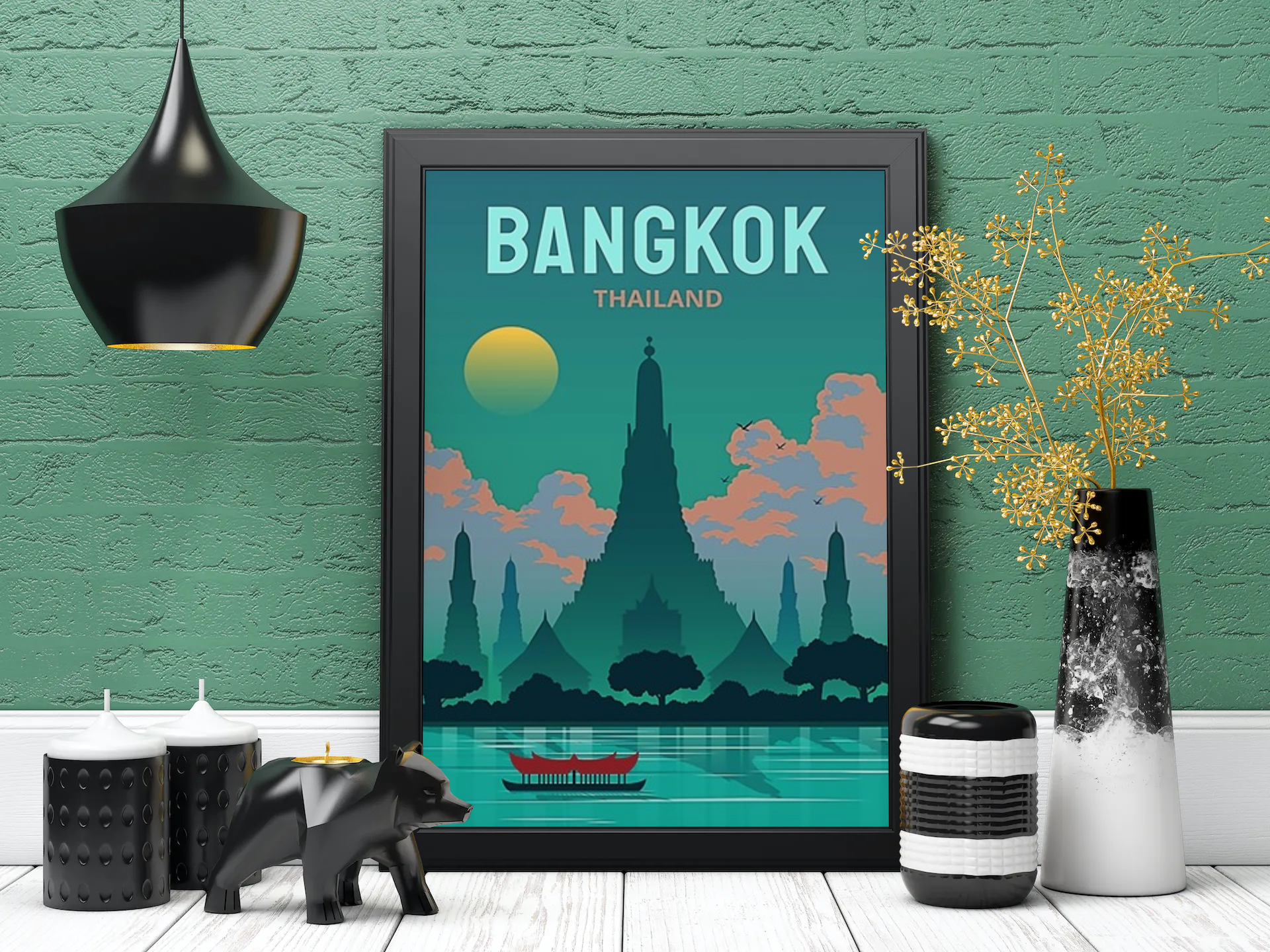 Vintage Bangkok River Chao Phraya Travel Art Painting