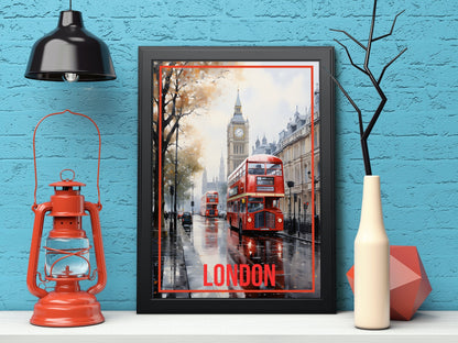 Red Bus of London Living Room Wall Painting ( 14X18 inches each)