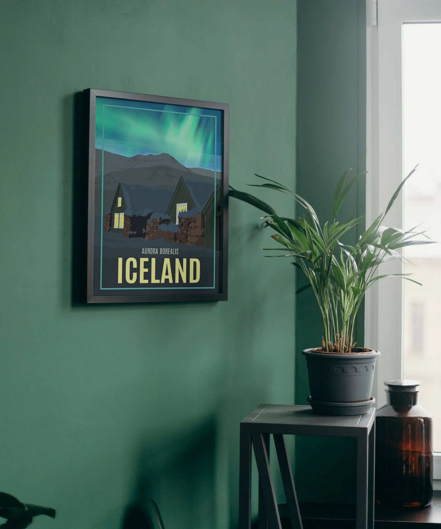 Vintage Iceland Northern Lights Travel Art Painting